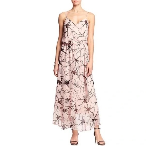 Banana Republic Floral Chiffon Midi Dress Pink Dark Brown 16531 - Picture 1 of 10